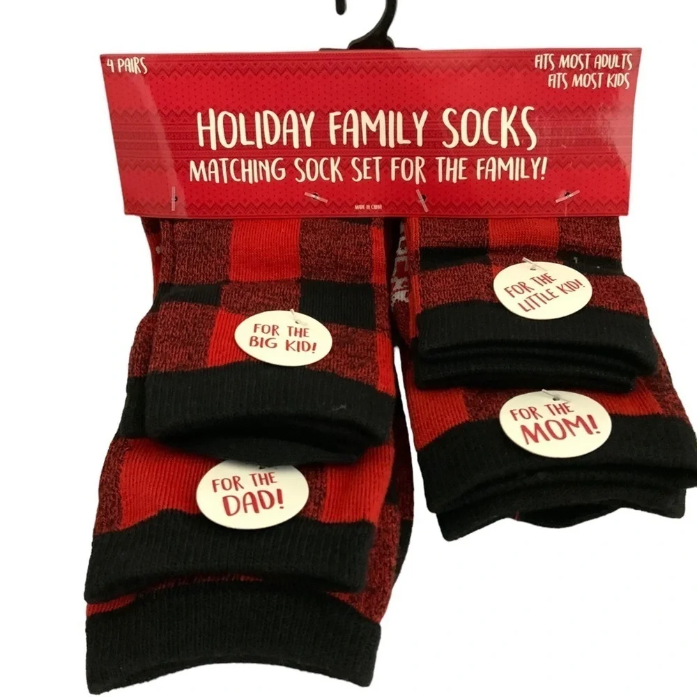 Holiday Family Matching Socks 4 Pack Christmas Tartan Plaid Red Black Adult Kids